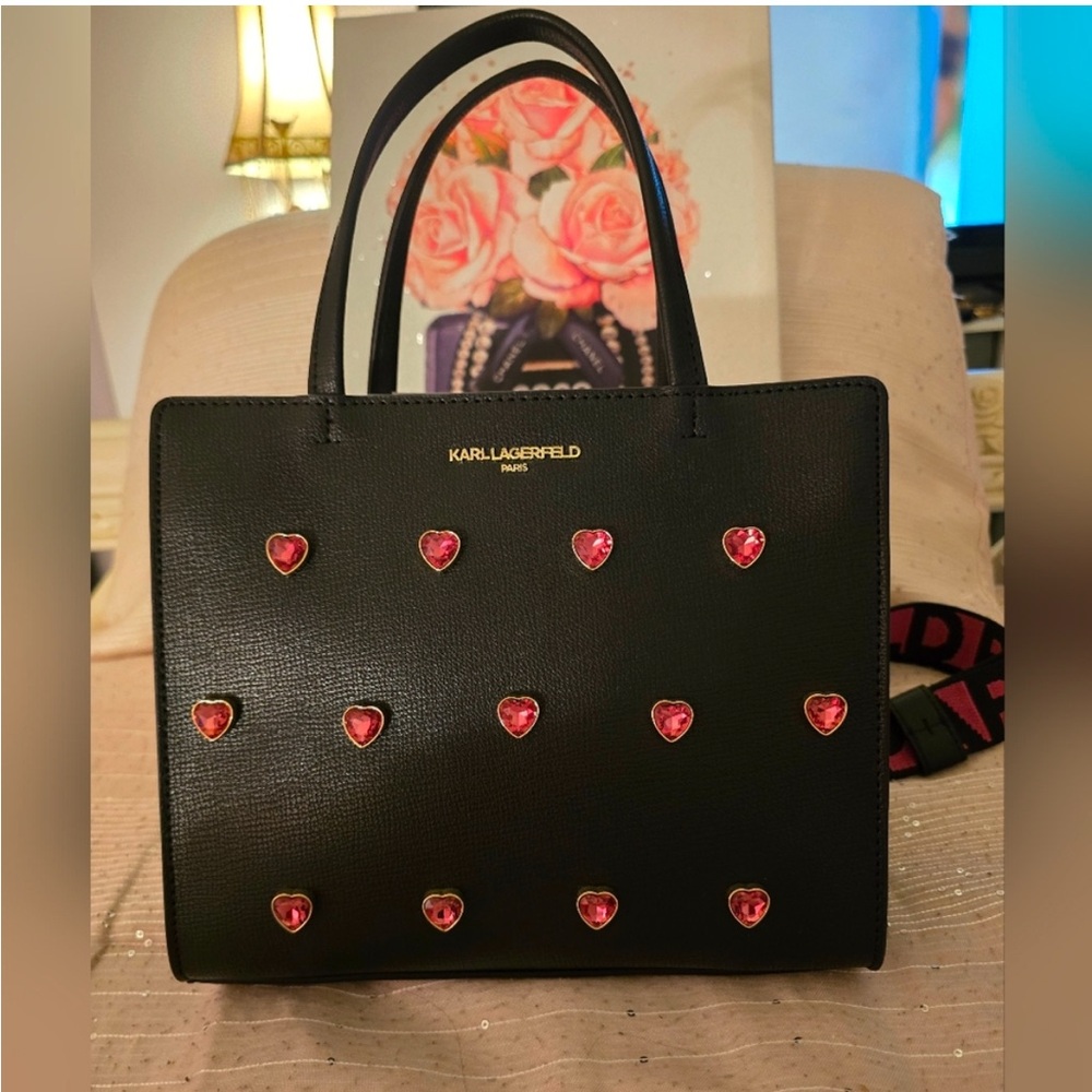 NWT Karl Lagerfeld “Maybeline” Satchel/Handbag, Black w/ Pink Hearts